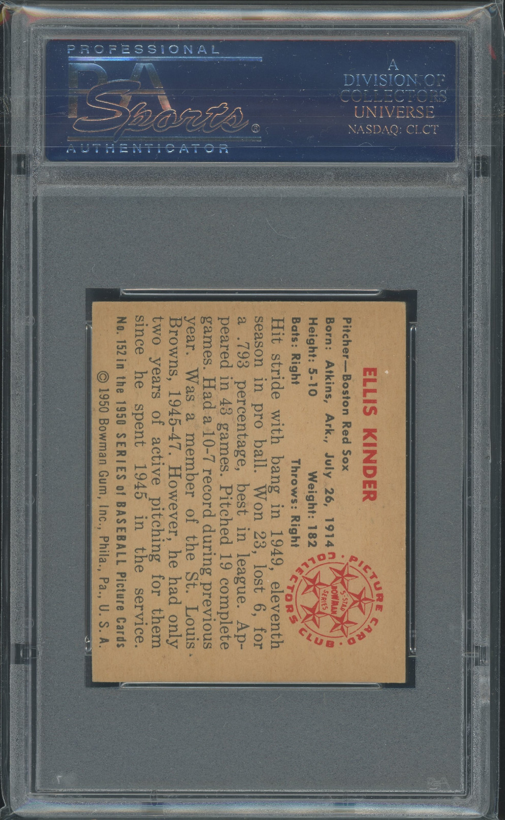 1950 Bowman 152 Ellis Kinder Boston Red Sox RC PSA 6 Vintage Baseball Card view 2
