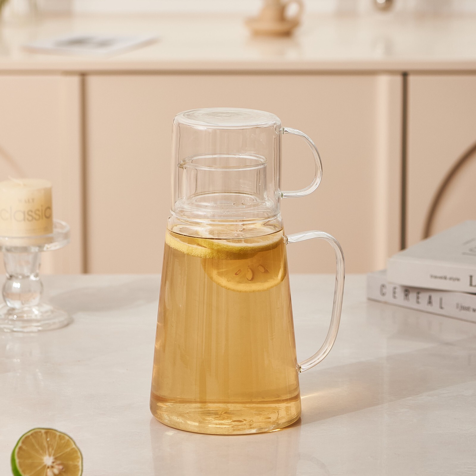 Eden & Willow Glass Water Jug and Cup Set with Lid - 1.2L Carafe with Handle