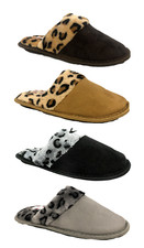 WOMENS LADIES LOW WEDGE LEOPARD SLIP ON MULE COMFORT SLIPPERS SHOES SIZE 3-8