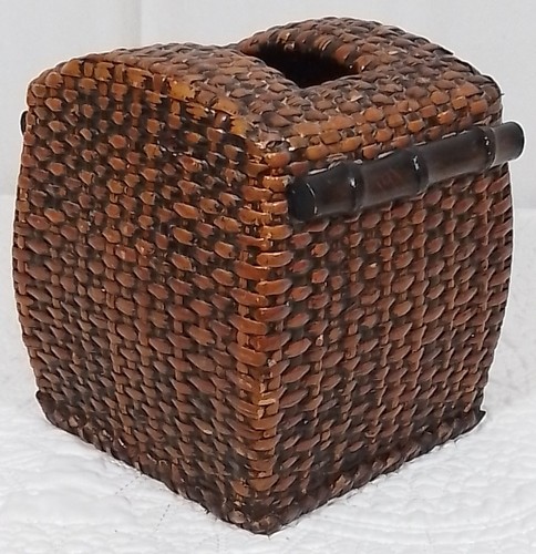 Vintage Black & Brown Woven Rattan Kleenex Tissue Box with FAUX Bamboo Handles - Picture 6 of 11