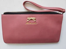 Michaela pink faux leather women's wristlet, NWOT, 8" across