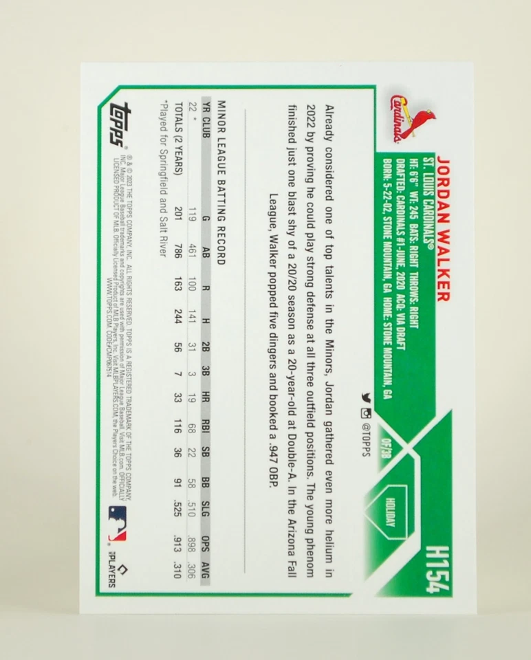 2023 Topps Holiday #H154 Jordan Walker SP Santa Hat and Candy Can Bat Variation - Image 2 of 2