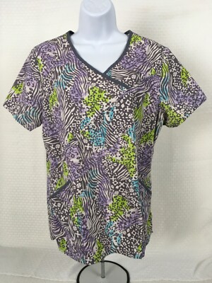 Scrub Star Scrub Top Women Size M Purple Gray Front Pockets V neck Short Sleeve