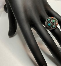 CHINESE EXPORT SILVER FILIGREE CORAL, TURQUOISE ADJUSTABLE SIZE RING VTG JEWELRY