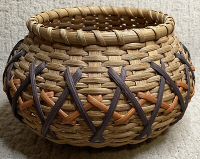 Anne Bowers Basket Heirloom Woven Criss Cross Purple Orange Large Roun