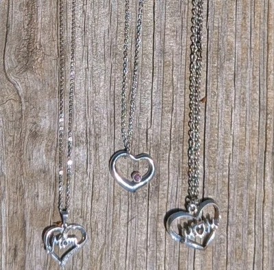 Sterling Silver and Silver Tone Heart ''Mom'' Pendant Necklace Set Pink Crystal