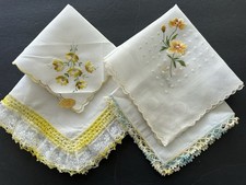 Vintage Lot 4 White Hankies Lemon Yellow Embroidery Linen Cotton Crochet Lace