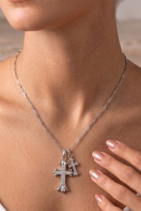 Authentic White Gold Plated Double Cross CZ Station Chain Choker Necklace