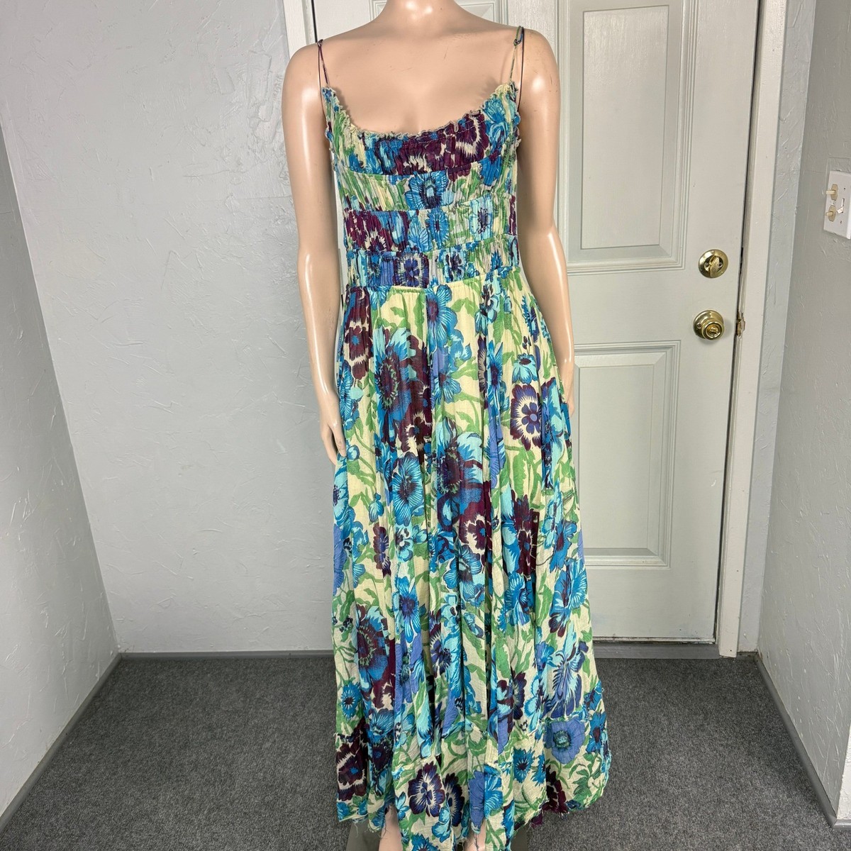 Free people One Ciella Women's Dress Large Floral Maxi Boho Cotton Flowy  A3-1