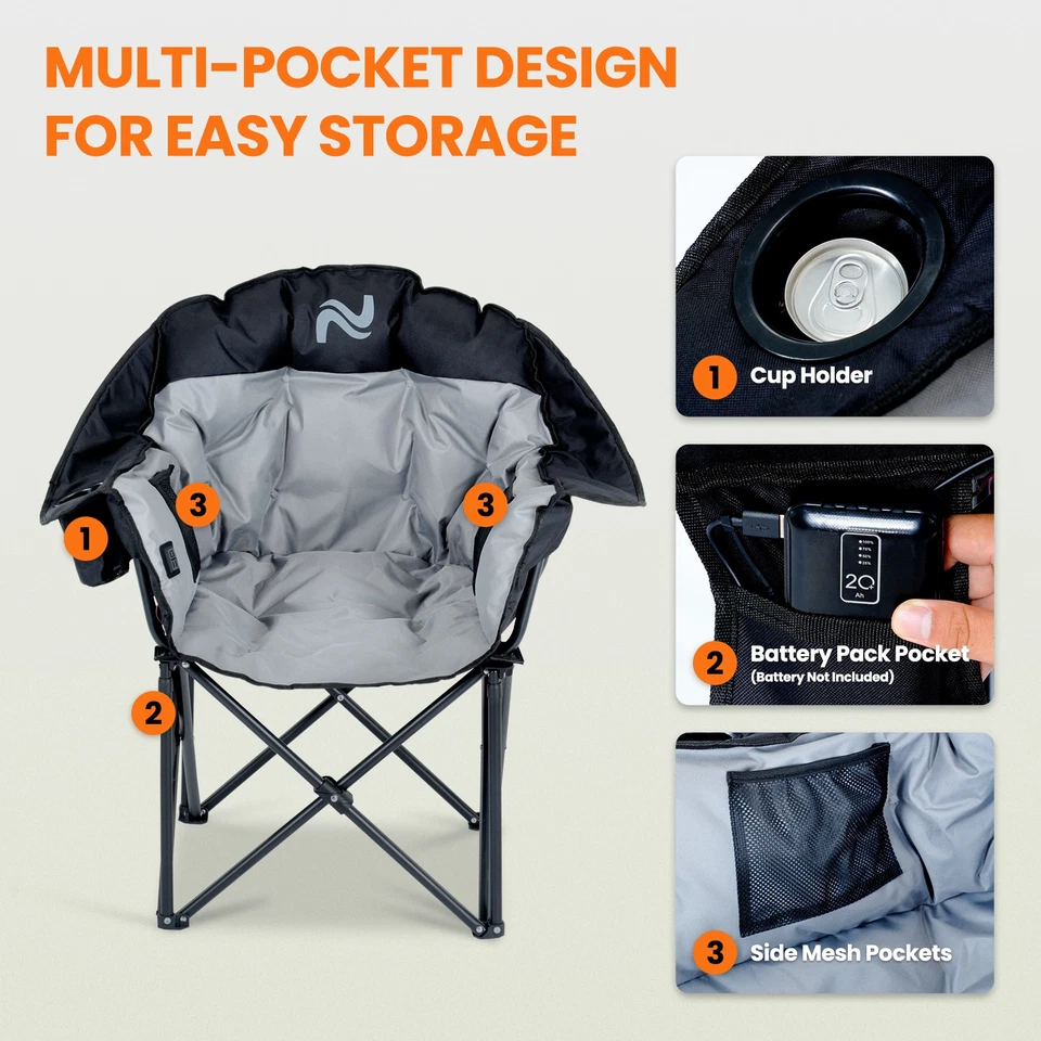 NAIZEA Heated Camping Chair Massage Chair With 3 Heat Levels Padded Sports Chair - Image 4 of 4