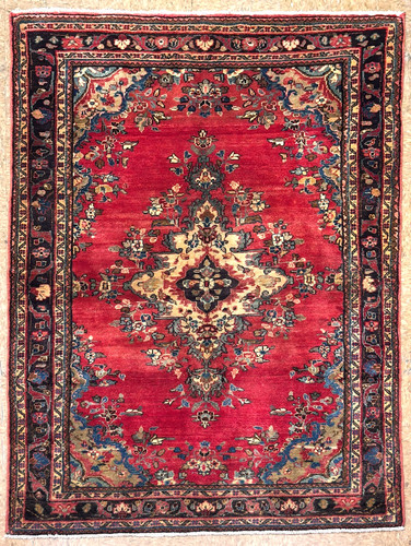Vintage Hamedan Tribal Area Rug 4x6 Hand Knotted Wool Red Blue Oriental 4'2x6'4