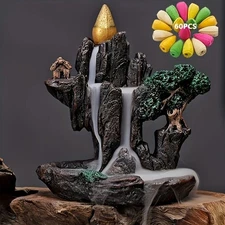Backflow Incense Burner Mountain Waterfall Smoke Fountain Holder + 60 Mixed Cone