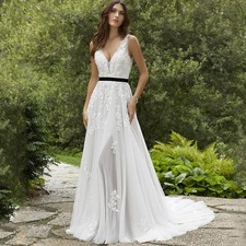 Simple V-Neck Wedding Dresses with Belt A-Line Sweep Train Sexy Backless Gowns