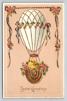 Vintage Easter Greetings Postcard Embossed Hot Air Balloon Chicks Roses Germany