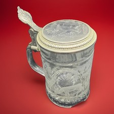 Vintage West Germany Etched Crystal Art Glass, Deer, Top Pewter Beer Stein Mug