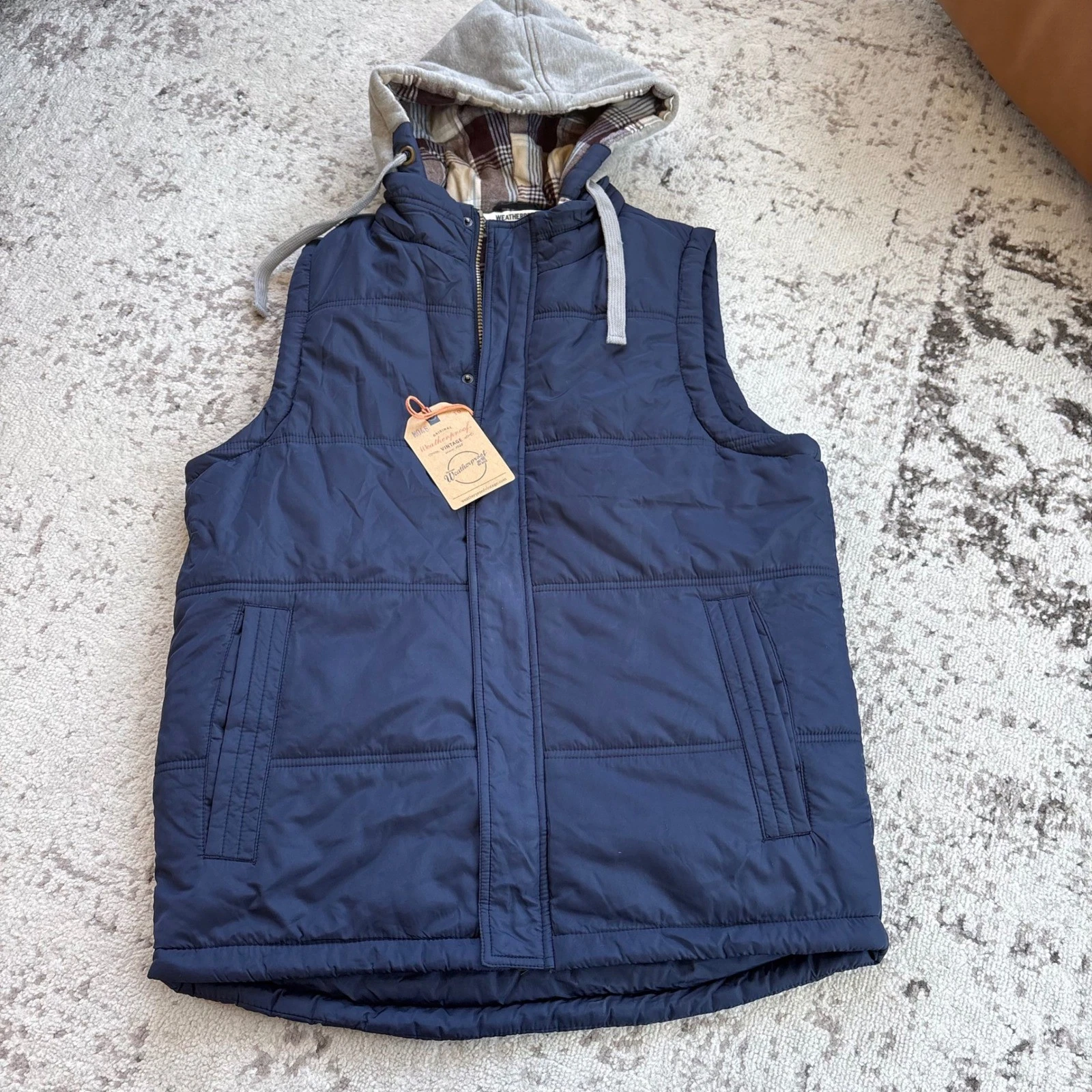 Weatherproof Vintage Mens Hooded Puffer Vest Navy Blue Plaid Lined size Small