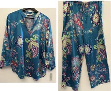 NWT Natori DAT JAIPUR Print Lightweight Satin Pajama Set Dark Teal Size L