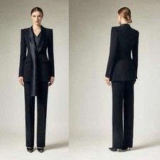 Women Black Suit Smooth Satin Shawl Lapel Single Breasted Jacket Wedding 2Pcs