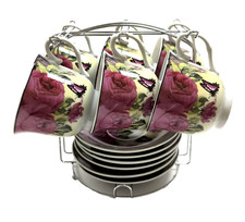 12 PC FOR 6 PINK ROSE BUTTERFLY TEA CUP,SAUCER TEACUP METAL DISPLAY RACK FRAME