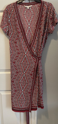 Max Studio Red Geometric Wrap Dress Short Sleeve Knee Length Size L
