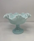 Vintage Fenton Pedestal Dish Candy Turquoise Light Blue Milk Glass Ruffled Edges