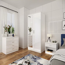 White High Gloss Bedroom Furniture 3 Piece Trio Set Wardrobe Chest Bedside