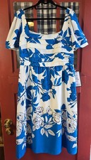 Adrianna Papell Women's Classic Ivory Blue Floral Smocked Midi Dress Size 14 NWT
