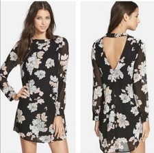 ASTR the Label Black Floral Long Sleeve Shift Dress Keyhole Back Size M