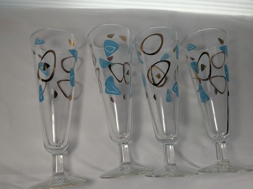 4 Vintage Federal Glass Gold/Turquoise Amoeba Boomerang MCM Pilsner Glasses - Picture 4 of 7