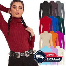 Womens Long Sleeves Ribbed Polo Neck Top Ladies Turtle Winter Shirt UK 8-26
