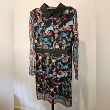 KAIMILAN STUNNING BLACK MIDI DRESS VIBRANT COLORFUL EMBROIDERY SHEER SLEEVES