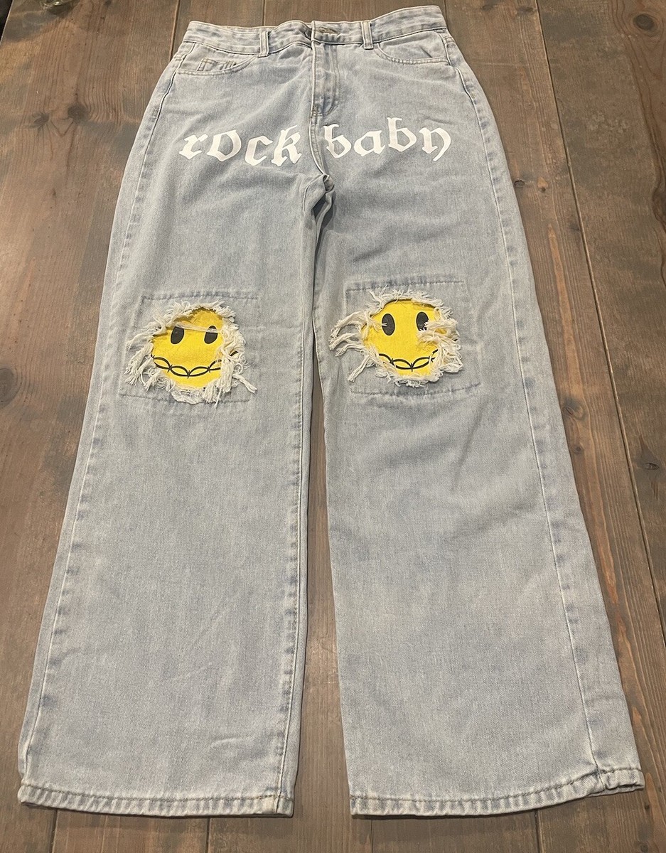 SHEIN Women's Juniors “Rock Baby” Emoji Faces Wide Leg High Rise