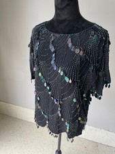 VTG Black Silk Beaded SHO MAX Iridescent Party Formal Top Women's L Dressy 80's