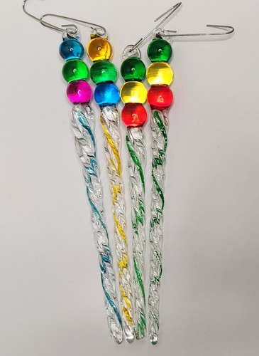 4 Glass Twisted Icicle Ornaments Colored Orb Marble Topped Unique Retro Rainbow - 第 4/4 張圖片