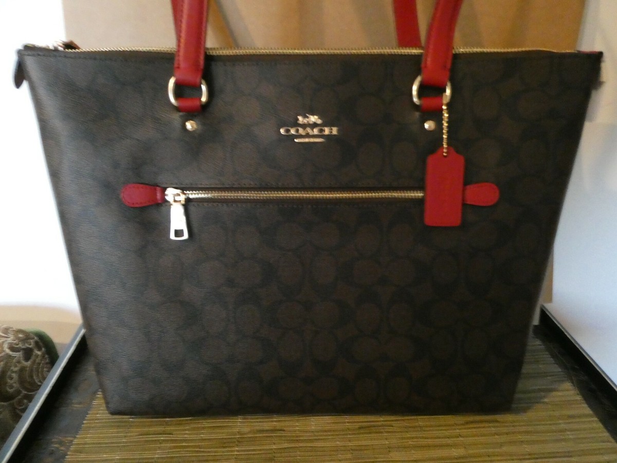 Coach Gallery Tote In Signature Canvas Handbag GOLD/BROWN RED