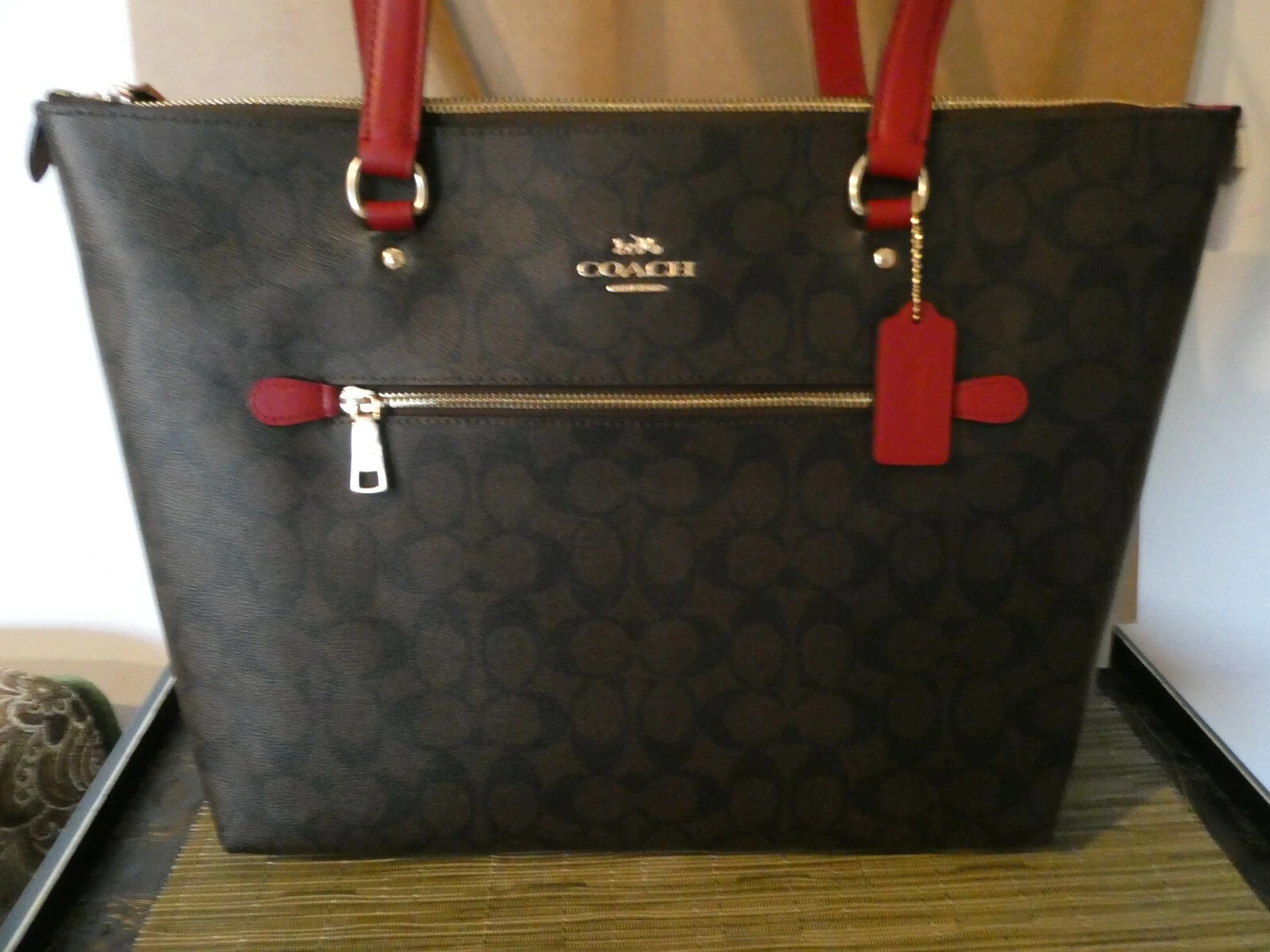 Borsa Coach Gallery in tela firmata borsetta stile ORO MARRONE ROSSO # 79609