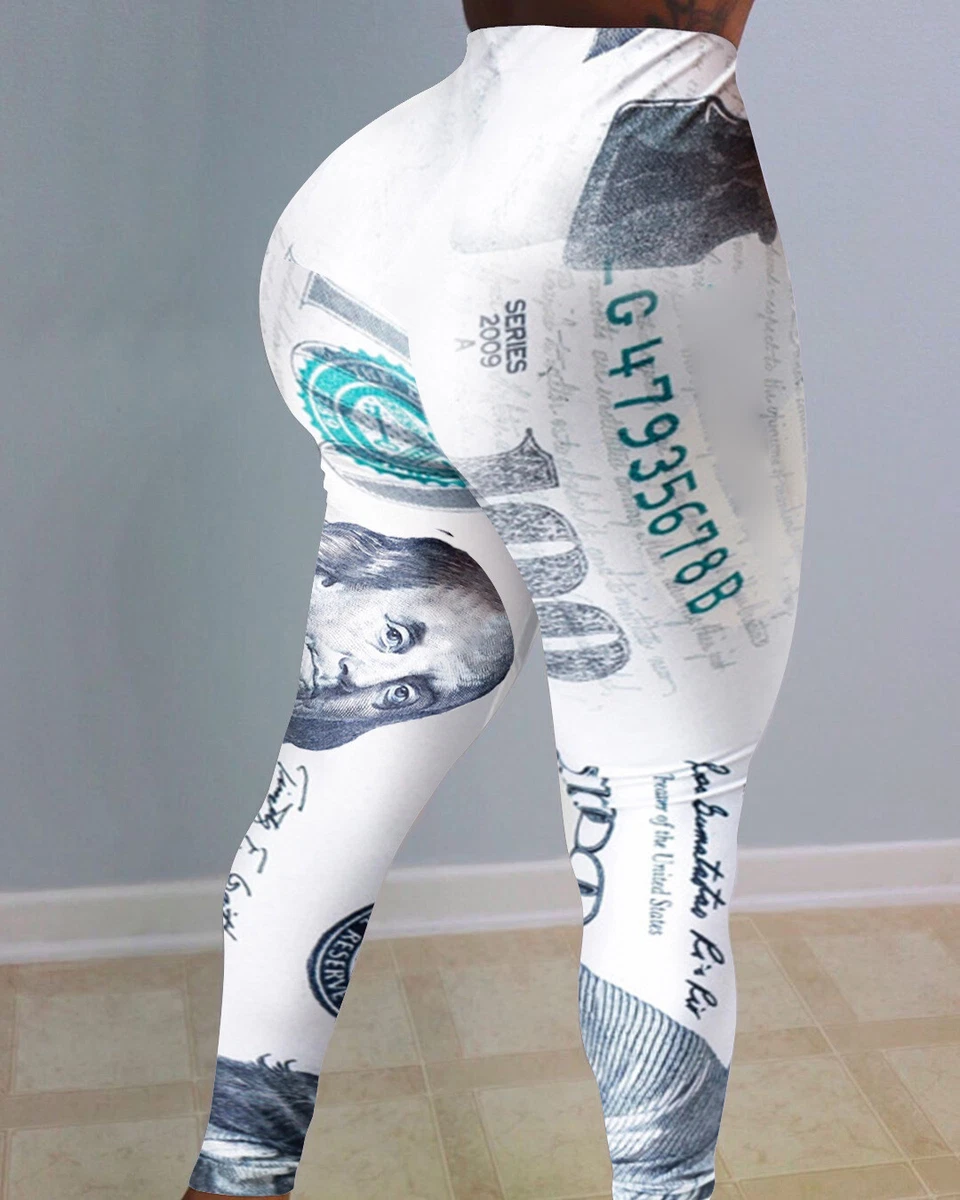 Womens Casual White 100 Dollar Bill Bodycon Tight Leggings Yoga Pants SIZE  S-2XL