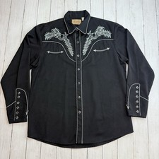 Scully Embroidered Western Diamond Pearl Snap Shirt Men's Size Large Black
