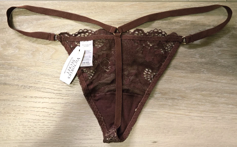 Bragas vintage Victoria's Secret bronce brillante logotipo encaje tanga en V O/S nuevas con etiquetas Foto 2 de 3