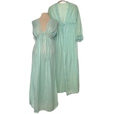 Vintage Pegnior Set Green Lace Stripe Satin Robe Gown Lingerie Romantic Medium