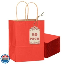 qiqee 50-Packs Gift Bag with Handles Bulk Kraft Red Paper Bags Multiple Uses 