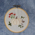 3 HANDMADE CROSSSTITCH IN HOOPS SET-4.25" EACH-FLOWER CART,PUMPKIN,FLOWERS-MINT! — photo 4