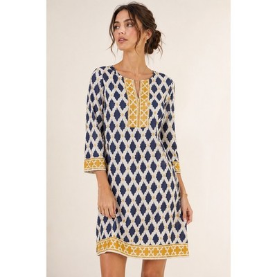 Barbara Gerwit Ikat Tunic Dress L Navy Yellow Coastal Grandmother Preppy