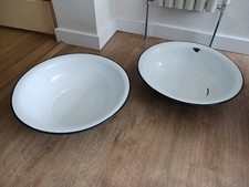 Two Extra Large Vintage Enamel Washbasins Baby Baths Garden Planters White/ Blue