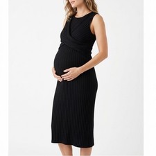 Black Ribbed Knit Maxi Dress Sleeveless Wrap Front Tie Waist