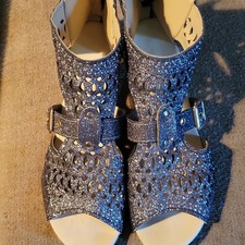 Black Glitter Strappy Flat Sandals Buckle Ankle Strap Adjustable Leather 9