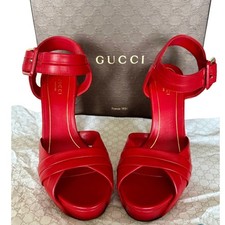 GUCCI Red Leather Strappy Platform Heeled Sandals, 38.5