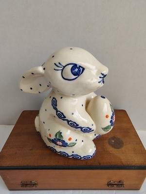 Wiza Polish Pottery Bunny Rabbit Holding Egg - Approx. 4.5''