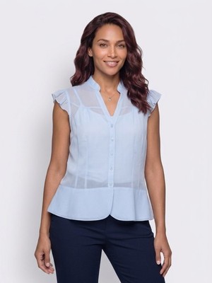 WORTHINGTON, Light Blue Ruffed Cap-Sleeve Semi-Sheer Button-Up Blouse, Size 14.
