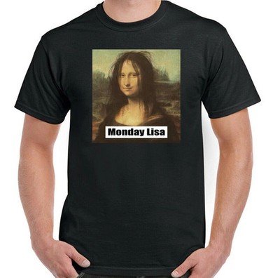 Monday Lisa T-Shirt Mens Funny Mona Lisa Parody Messy Hair Work Office Humor Top